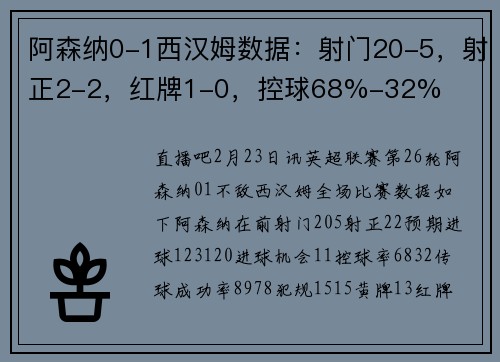 阿森纳0-1西汉姆数据：射门20-5，射正2-2，红牌1-0，控球68%-32%