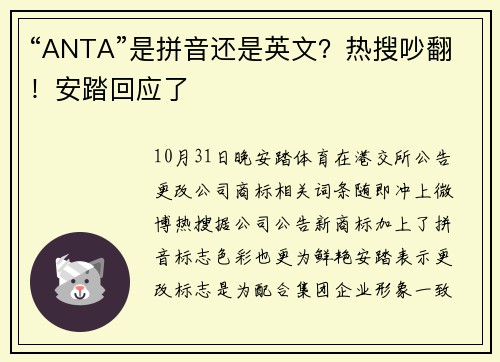 “ANTA”是拼音还是英文？热搜吵翻！安踏回应了