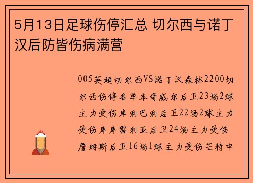 5月13日足球伤停汇总 切尔西与诺丁汉后防皆伤病满营