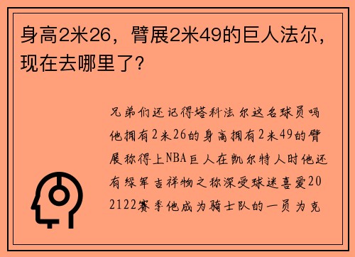 身高2米26，臂展2米49的巨人法尔，现在去哪里了？