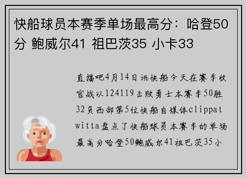 快船球员本赛季单场最高分：哈登50分 鲍威尔41 祖巴茨35 小卡33
