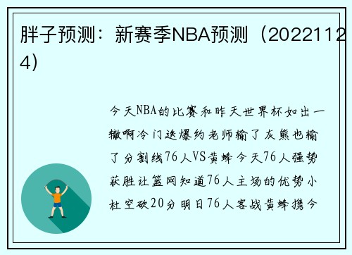 胖子预测：新赛季NBA预测（20221124）